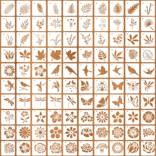 100 Stück Schablonen Set 5x5cm Blume Blätter Vogel Zeichnung Malschablonen DIY Malerei Schablonen Handwerk Vorlage Wiederverwendbar Blattmalerei Vorlagen für Scrapbooking Holz Möbel Deko