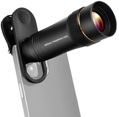 Andoer Objetivo de teléfono móvil de 300 mm para smartphone, objetivo zoom 10X, con clip de lente universal, paño de limpieza, bolsa de almacenamiento para senderismo, camping, observación de la