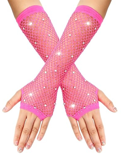Upstore Women Rhinestones Long Fishnet Fingerless Gloves Sparkly Glitter Fish Net Gloves Arm Sleeve Warmers for 80s Fancy Dress Party Costume Halloween