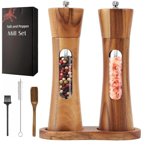 Nicoone Salt and Pepper Grinder Set of 2, 8inch Pepper Mill with Adjustable Ceramic Core& Acrylic Visible Window for Black Pepper Salt Spices