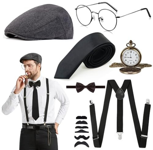 20er Jahre Accessoires, Mafia Kostüm Herren Vintage Gangste Kostüm Herren Accessoires mit Panama Hut Fliege Taschenuhr Kunstbart Brille Krawatte Karneval Kostüme für Kostümpartys, Karneval Partys