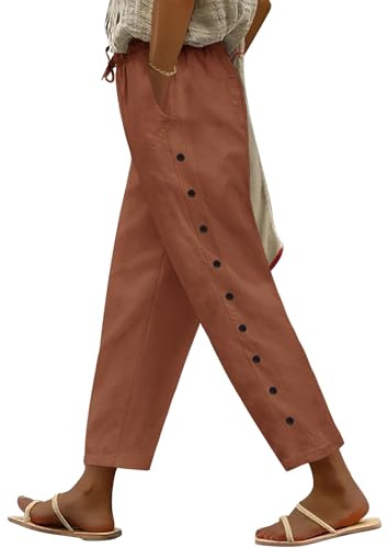 Voqeen Womens Wide Leg Trousers with Elasticated Waist Summer Cropped Trousers Cotton for Ladies Lightweight with Drawstring Pockets Casual Palazzo Pants Loose Lounge Bottoms for Holiday Beach Work