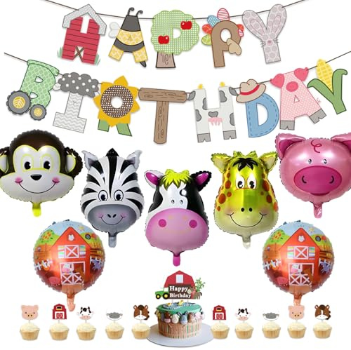Decoraciones de fiesta de cumpleaños de animales de granja, globos de cumpleaños temáticos de granja, suministros de fiesta de animales con globos de animales, decoración de tartas, pancarta para