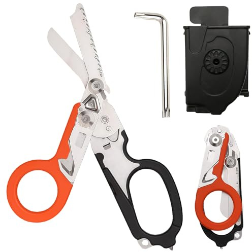 LEKEFETO Forbici di salvataggio multifunzione con fodero K nero – forbici professionali 6 in 1 con chiave di regolazione (acciaio inossidabile 420HC, pieghevole) per servizi di soccorso, primo
