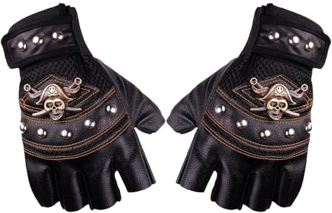 Bohue Steampunk Half-Finger Gloves, Black, Leather, Unisex, Halloween, Cosplay, Gothic, Men Women