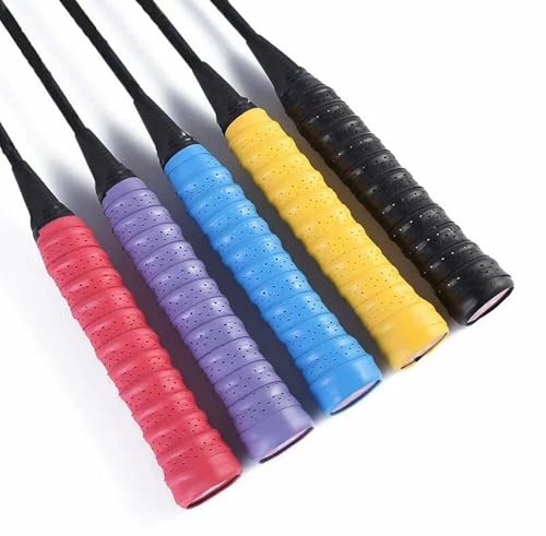 DAJING 5-Pack Anti-Slip PU Overgrip for Tennis, Badminton, Squash Rackets - Perforated, Super Absorbent, Durable, Multi-Color (Black, Red, Yellow, Purple, Blue)