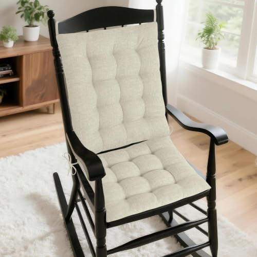 AddGrace Rocking Chair Cushions Indoor Tufted Cushions for Rocking Chairs with Ties Comfortable Textured Fabric Set of Seat & Back Cushion 21x17/17x17 Ivory