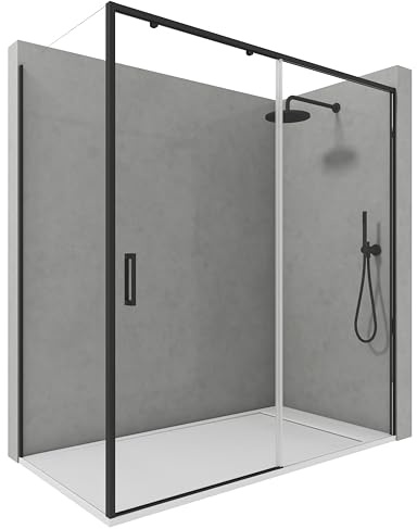 Mampara Ducha Corredera Angular Cristal Templado 6mm Antical Negro Mate Puerta Reversible Diseño Moderno Sin Perfil Inferior – 98,5-103 cm (lado puerta) + 67,5-70 cm (fijo lateral) 195cm Alto
