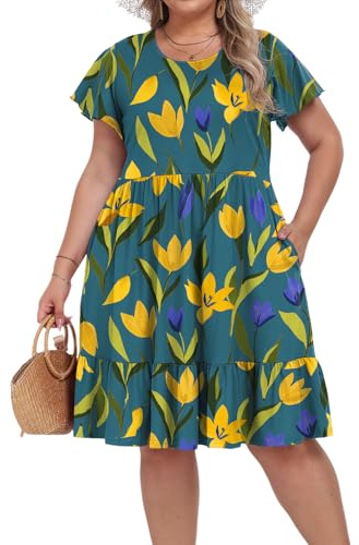 Moon Wood Vestido Midi Verano Mujer Tallas Grandes Vestidos Casual Corto Manga Corta Cuello Redondo Playa Fiesta Elegante Blumig 26 4XL
