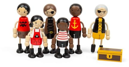 Bigjigs Toys piratdockor, 6 piratfigurer i trä med skattkista | 6 piratträfigurer för dockhus eller skepp, liten skattkista ingår, fantasy rollspel present till barn