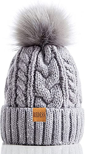 REDESS Gorro de Invierno con pompón para Mujer con Forro Polar cálido, Gorro de esquí Grueso y Holgado con Punto de Nieve y Calavera