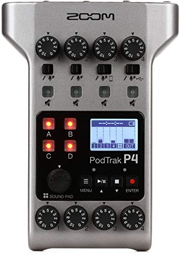 Zoom PodTrak P4 Grabadora de podcast, alimentado por batería, 4 entradas de micrófono, 4 salidas de auriculares, entrada de teléfono, teclado de sonido, grabación en tarjeta SD, modo de interfaz de