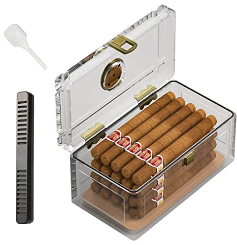TISFA Cigarr luftfuktare i akryl med luftfuktare och hygrometer, skrivbordslåda för cigarr som rymmer cirka 15-20 cigarrer (S)
