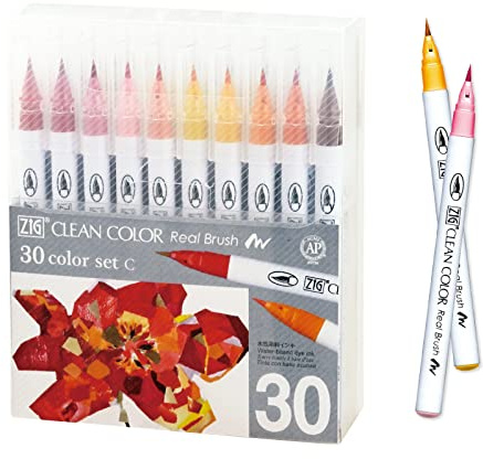 Kuretake ZIG Clean Color Real Brush, juego de 30 colores C, puntas de pincel flexibles, bolígrafos de acuarela para pintura, dibujo, caligrafía y letras de pincel para artistas, fabricado en Japón