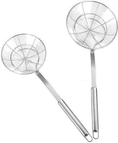 Fyfjur Schaumlöffel Edelstahl, 2 Stück Schaumkelle mit Langem Griff und Hängen Loch, Schaumlöffel, Spinne Schaumlöffel, Siebkelle, Frittierkelle für Hot Pot, Kochen und Frittieren (14cm, 16cm)