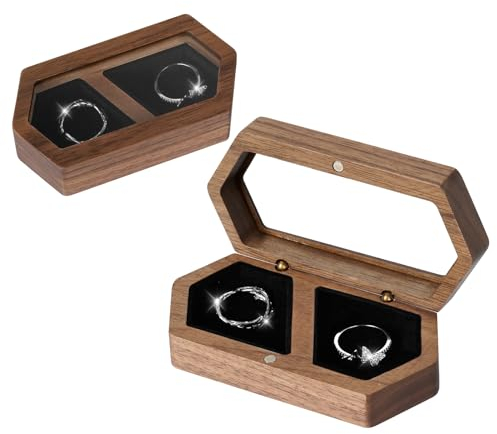 Ring Box Walnuss Holz, Samt Soft Interieur Ringbox Ringkissen Hochzeit Ringschatulle Wedding Schmuckkästchen Klein Schmuckbox Ringschachtel Schmuckaufbewahrung Display Box für Verlobung (Schwarz)