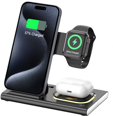 Aimtel 3 in 1 Foldable Charging Station for iPhone17/17Air/16/15/14XS/XR/X/8, Wireless Charger Stand Travel Compatible with Apple Watch Series 11/10/9/8/7/6/Ultra 2/3/SE3,for Air Pods Pro/4/3/2