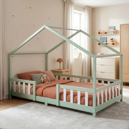 [en.casa] Children's bed Treviolo house bed 120 x 200 cm wooden bed for children with fall-out protection bed frame with slatted frame pine wood mint green