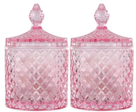 Saim Crystal Glass Jar with Lid, 2 PCS Decorative Candy Dishes 3.4inch Candy Cookie Jars,Buffet Biscuit Containers Food Storage - Pink