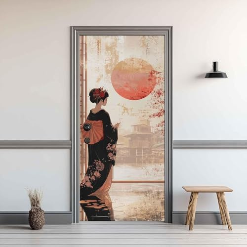 3D Adesivo per Porta 90x215 cm, Geisha giapponese Carta da Parati Autoadesiva per Porte Interne, Stile giapponese, Decorazione per Camera da Letto, Soggiorno, Casa