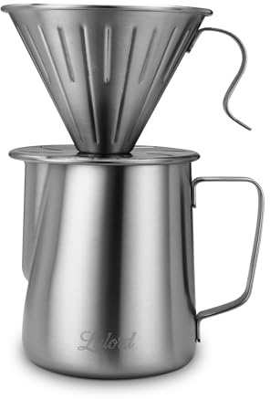 Lalord Cafetera de vertido, Juego de cafetera de vertido, acero inoxidable 304 con 100 filtros de papel #2 y jarra de espuma de leche de 600 ml, para el hogar y campamento