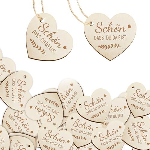 GROVBLE Lot de 30 étiquettes cadeaux, en bois, personnalisables, en forme de cœur, avec corde de 5 m, pour mariage, baptême, anniversaire, fête