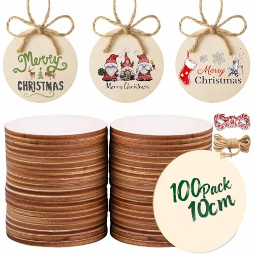 100PCS Unfinished Wooden Circles with Holes, 10cm/ 4 Inch Round Wooden Discs Slices for Crafts, Blank Round Wood Cutouts Tags Ornaments for Sign Gift Tags Christmas Home Party Hanging Decoration