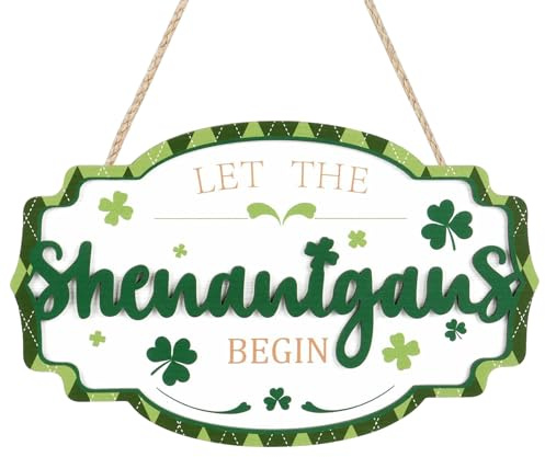 St Patricks Day Door Sign Decorations Let The Shenanigans Begin Irish Shamrock Wreaths for Front Door Sign Wood Saint Patrick's Day Spring Hanging Decor Indoor Outdoor for Home Office Party 11.4x7in