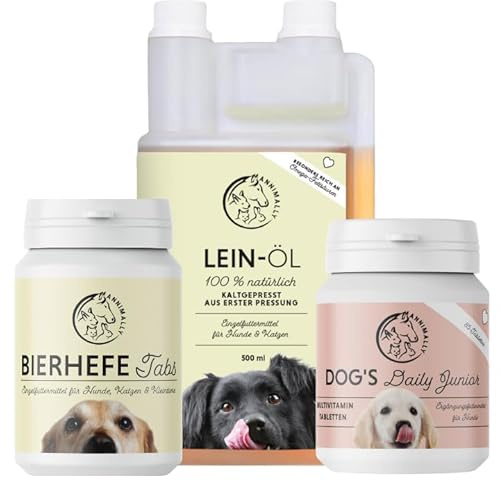 Annimally Welpenbox mit Dog´s Daily Junior Multivitamin Tabletten, Bierhefe Tabs, Leinöl für Hunde, Welpen & Junghunde