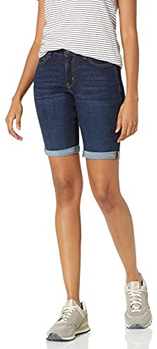 Amazon Essentials Bermuda en Jean à Poches, Taille Mi-haute et Coupe Ajustée Femme, Délavé Foncé, 38