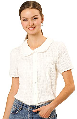 Allegra K Women's Sweet Peter Pan Collar Button Up Soft Short Sleeve Shirt | Cotton Fabric, 1950s Vintage, Peter Pan Collar, Frilled Top, Button Down, Bubble Short Sleeve