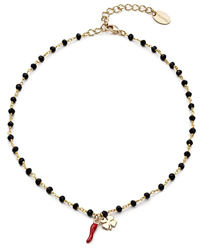 NICANDRA Collana Donna Argento o Oro Portafortuna con Ciondolo Quadrifoglio e Cornetto - Girocollo Regolabile in Acciaio Inossidabile 40-48 cm - Simbolo di Fortuna e Protezione - Idea Regalo
