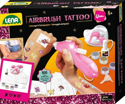 Lena 42443 - Airbrush Tattoo Studio mit 100 Schablonen und 4 Glitter Farben, Sprüh Set für Glitzer Tattoos auf der Haut, Spraystift Station für bunte Kindertattoos, Tattooset für Kinder ab 8 Jahren