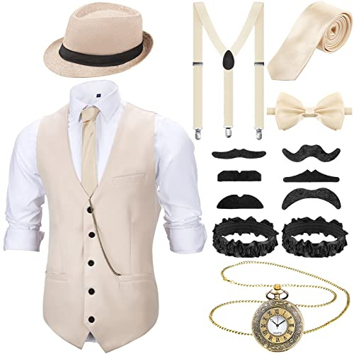 SATINIOR 1920s Mens Costume Roaring Outfit with Gangster Vest Hat Pocket Watch Suspenders for Derby Attire 2026(Large,Beige)