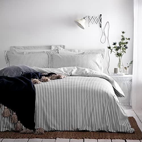 furn. Yard Hebden 100% Cotton Stripe Duvet Cover Set – Reversible Striped Bedding (Grey, Double)