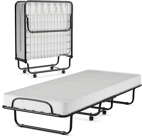 COSTWAY Brandina Pieghevole con Materasso, in Memory Foam da 10cm, Letto Portatile con Struttura in Metallo e 4 Ruote, Portata Massima 130kg, 190x80x39cm