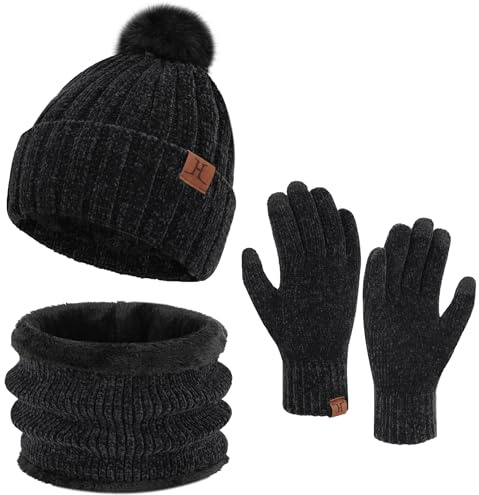 ZASFOU Gorros de invierno para mujer, bufanda táctil, juego de guantes cálidos con forro polar, chenilla de punto, Negro , Talla única