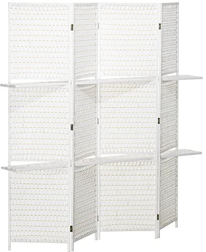 HOMCOM Biombo Divisor de 4 Paneles Plegable Separador de Ambientes 181x180 cm Divisor de Habitación con Estantes Decoración Partición para Dormitorio Salón Cocina Blanco
