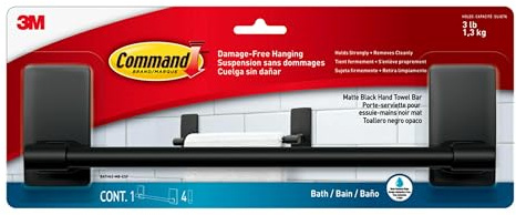 Command Hand Towel Bar Matte Black with Water Resistant Strips, Bathroom Decor, 9 in Bar Length Holds up to 3 lbs