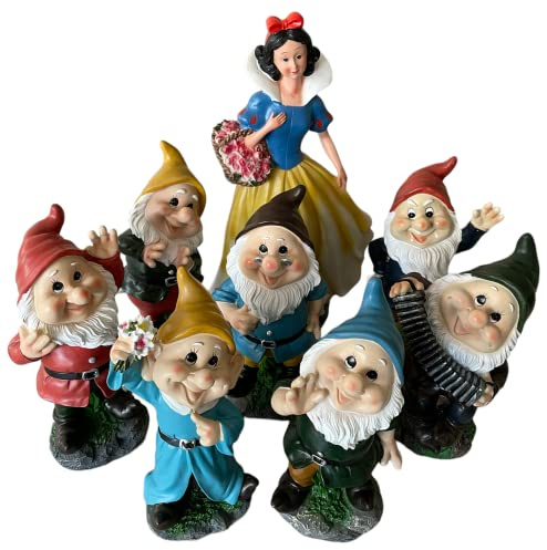 eacommerce Nani da giardino in poliresina kit 8 pezzi: 7 nani 28 cm + Biancaneve 44 cm, statuette colorate resistenti per decorazione esterno