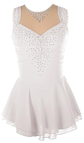 CuLtp Robe Patinage Artistique Strass, Col V Dos Nu Gymnastique Danse Costume, Jupe à Ourlet Fleuri Double éPaisseur Robe Patinage