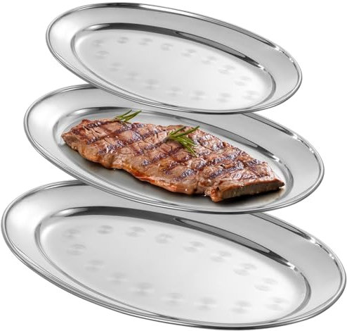 3 Stück ovale Edelstahl-Servierplatten, lebensmittelechte Metall-Servierplatte, großes Brutzel-Serviertablett, Kellnertablett, hochglanzpoliertes Edelstahl-Lebensmitteltablett für Abendessen, Partys