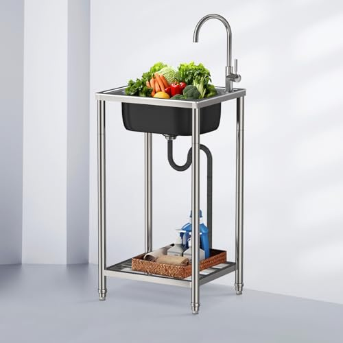 MJYDKBZ Stainless Steel Single Bowl Freestanding Sink 50cm x 40cm x 82cm Utility Sink with Commercial Faucet and Storage Shelves for Kitchen, Garage, Basement, Outdoor and Indoor Use