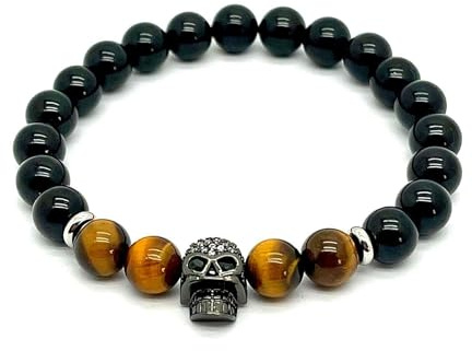 arana's® - Pulsera turmalina negra con calavera y ojo de tigre - Hilo elástico con bolas de 8mm - Piedras preciosas energéticas para mujer y hombre - Protección ondas electromagnéticas (Turmalina)