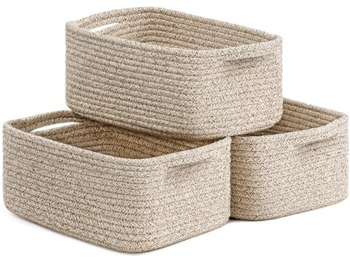 Storage Baskets, Small Basket for Gifts, Baskets for Shelves, Rope Basket for Organizing for Towels, Toy Storage 3 Pack, White & Brown, 28 x 18 x 11 cm