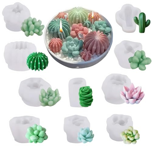 JVHLOV 10 Piezas Moldes de Silicona para Cactus Suculentos, Moldes 3D para Velas, Jabón, Resina Epoxi, Moldes para Velas Hechas a Mano y Decoración DIY