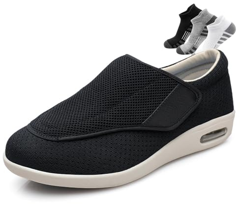 Scarpe per Diabetici da Uomo,Regolabili Ampia Gamma Traspiranti Scarpe da Passeggio per Piedi Gonfi(Noir,37EU)