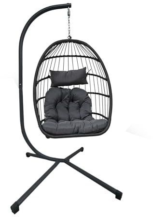 Foldable Rattan Swing Chair Hammock with Steel Stand Weather-Resistant Hanging Chair, Removable Cushion for Patio Garden Indoor Outdoor Use (Light Grey Ratten Hanging Chair with Light Grey Cushion)
