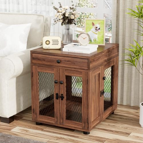 VOWNER Hundekäfig Möbel Indoor, 3 Türen Holz Hundebox mit Schublade, Moderne Hundehütte als Beistelltisch, 51 x 60 x 62 cm für kleine Hunde Zuhause unter 20 kg, Walnussbraun