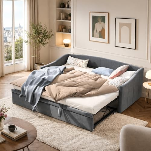 Divano letto Multifunzionale Estensibile 90/180 x 200 cm, Divano allungabile a 2 posti con funzione di sonno e rete a doghe in velluto, ideale per soggiorno e camera degli ospiti (senza materasso)
